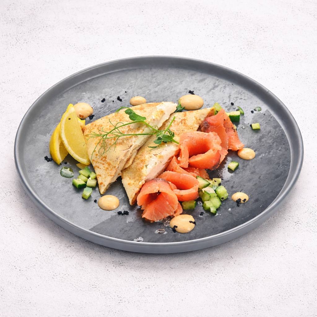 Фото Малосольная семга, творожный сыр с зеленью, сальса из огурцов и томатов, долька лимона